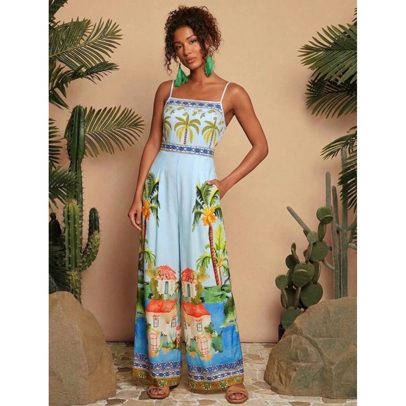 Pants - Tropical Palm Tree Villa Print Wide Leg Jumpsuit Blue Large Summer Boho